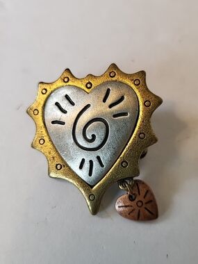 Vintage Avon Mixed Metal Heart Pin with Dangle Charm - Gold, Silver, Copper
